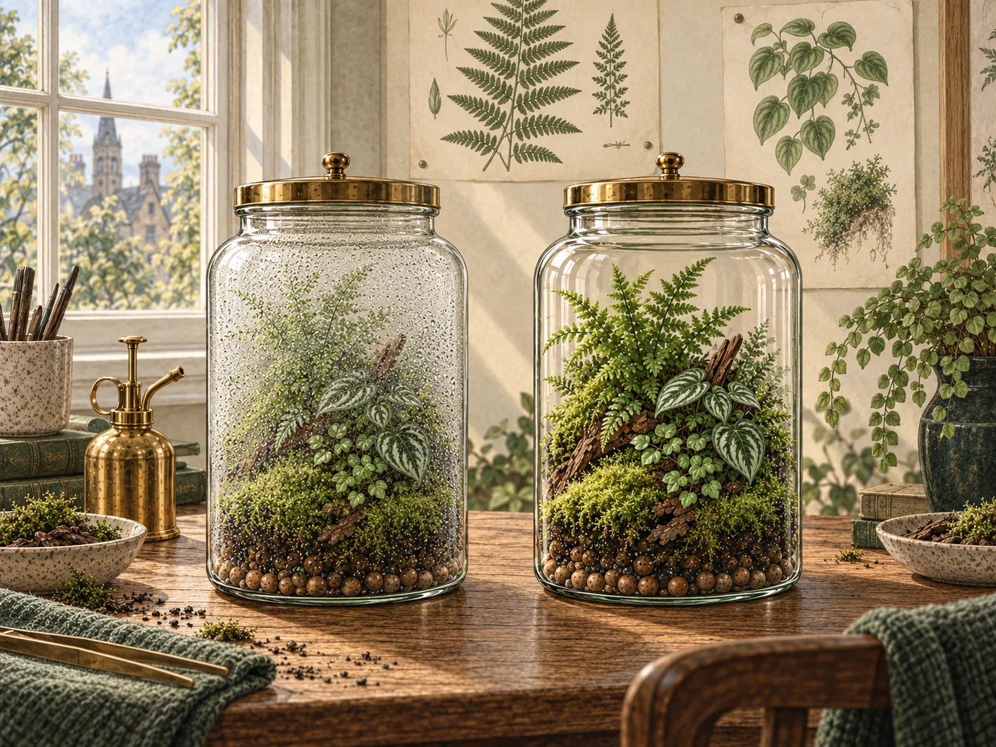 Two closed terrarium jars sit side by side on a wooden table in a bright UK-style room. The jar on the left is lightly misted with condensation across the glass, while the jar on the right is clear, revealing ferns, moss and small foliage plants inside. Botanical study sheets hang on the wall behind.