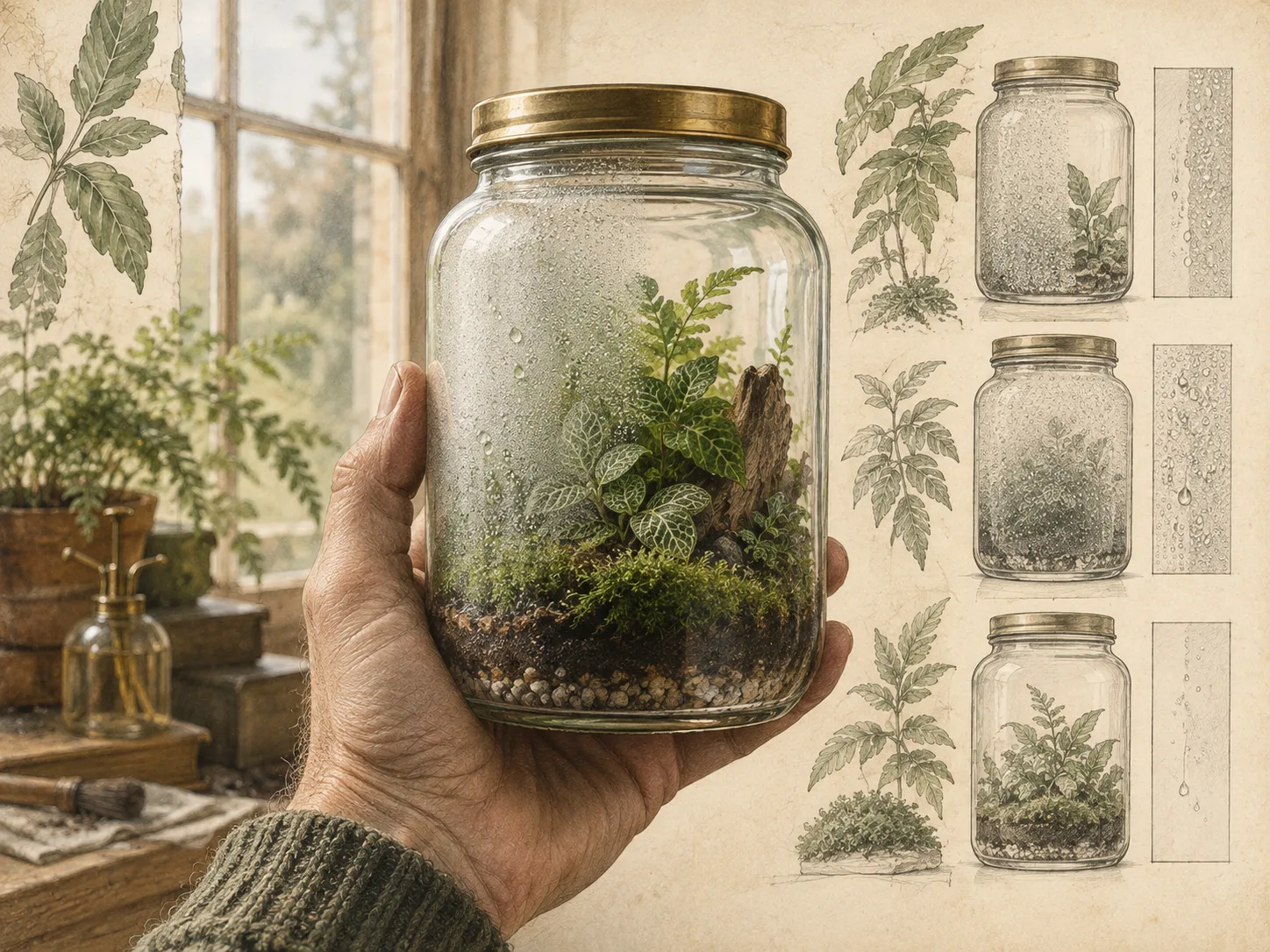 Hand holding a closed terrarium jar at eye level, with condensation concentrated on one side of the glass and clearer glass on the other, illustrating how to read moisture inside a sealed terrarium.
