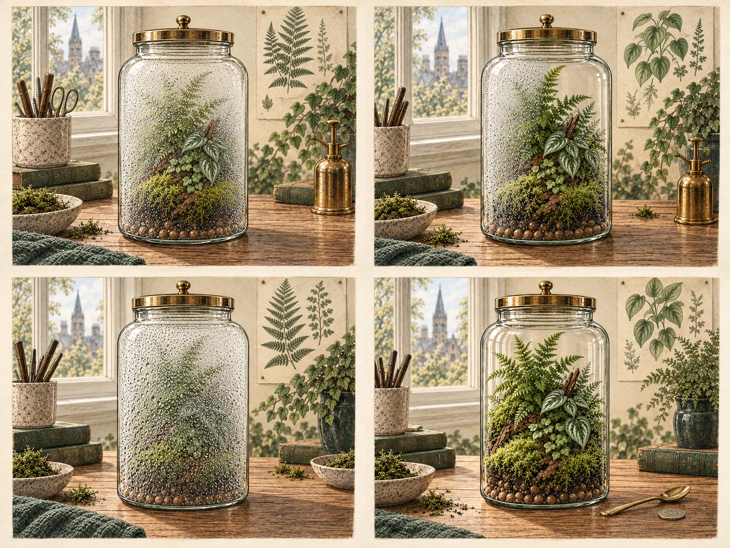 Four-panel botanical illustration showing the same closed terrarium in different condensation states, from light misting to heavy droplets and finally clear glass, with a teaspoon and coin beside the clear jar for scale.